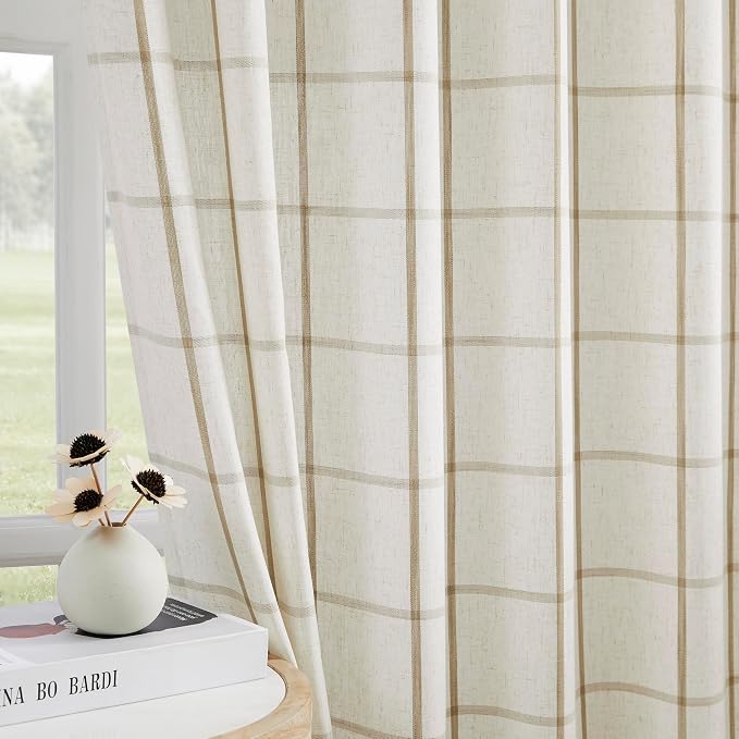 Vision Home Natural Linen Plaid Pinch Pleated Semi Sheer Curtains Checkered Light Filtering Window Panels 90 inches Long for Living Room Bedroom Farmhouse Pleat Drapes with Back Tab Hooks 60" Wx90"Lx2