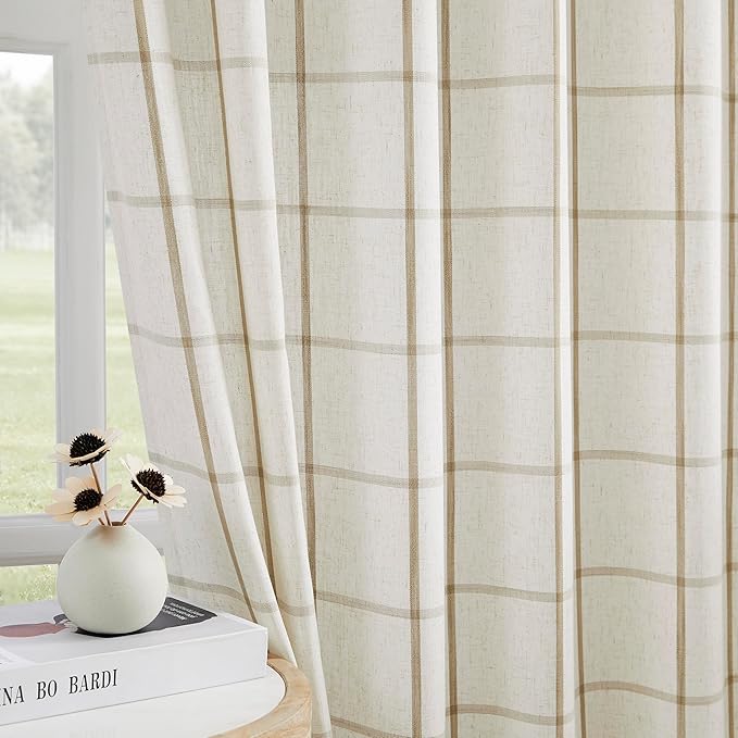 Vision Home Natural Linen Plaid Pinch Pleated Semi Sheer Curtains Checkered Light Filtering Window Panels 90 inches Long for Living Room Bedroom Farmhouse Pleat Drapes with Back Tab Hooks 40" Wx90"Lx2