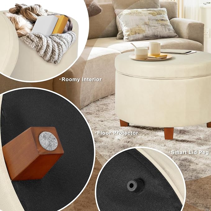 HomePop Round Leatherette Storage Ottoman with Lid, Ivory Large