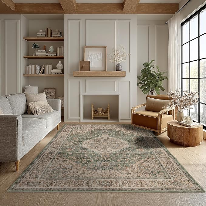 Ruaruarug Washable Area Rug 5x7 for Living Room, Bedroom, Ultra Soft Non Slip Stain & Fade Resistant, Pet & Kids Friendly, Suitable for High Traffic Areas Easy to Clean for Office Kitchen, Celadon