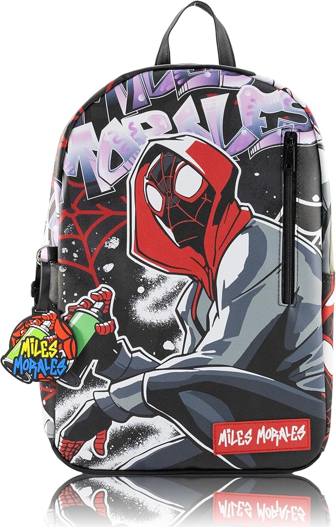 Marvel Miles Morales Spiderman Backpack for Teens | 16" Saffiano Leather School Bookbag with Rubber Luggage Tag | Spiderman Backpack for Boys, Girls, Unisex | Officially Licensed Marvel