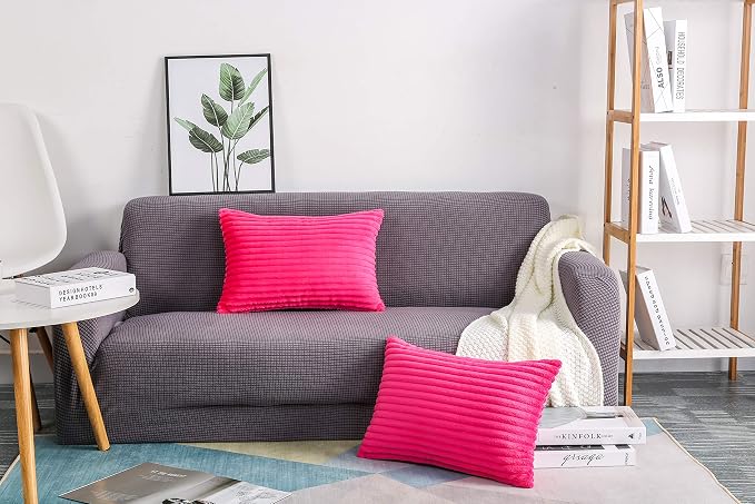 TangDepot Velvet Big Corduroy Pillow Covers 12x24 Hot Pink 2-Pack | Soft wide-stripe corduroy pillow cover, hidden zipper, machine washable, easy refresh, for bedroom living room indoor outdoor