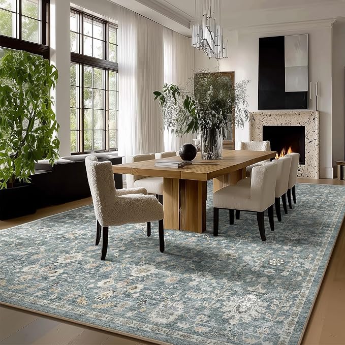 Washable Rugs for Living Room: 9x12 Area Rugs for Bedroom Ultra Soft Non-Slip Stain Resistant Vintage Boho Large Carpet for High-Traffic Dining Room - Farmhouse Decor