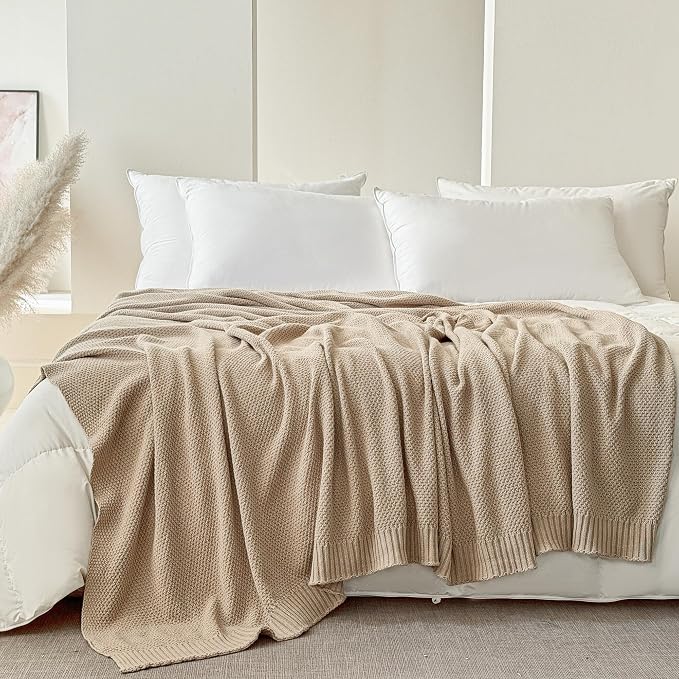 Simple&Opulence 100% Cotton Blanket King Size, Solid Color Cable Knitted Blanket Super Soft Comfortable Breathable Decorative Farmhouse for Couch Sofa Bed, All Season Use(Light Khaki,104x90)