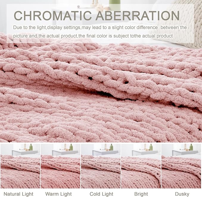 Chunky Knit Throw Blanket 60x80, 100% Handmade Chenille Yarn | 6.7lbs Soft Thick Cable Knitted Blankets, Large Rope Knot Crochet Throws for Couch Sofa Bed Machine Washable, Dusty Pink