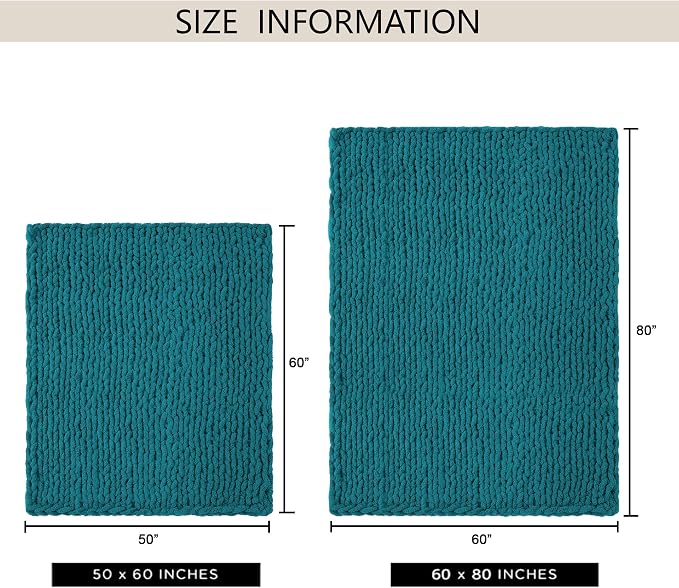 Chunky Knit Throw Blanket 60x80, 100% Handmade Chenille Yarn | 6.7lbs Soft Thick Cable Knitted Blankets, Large Rope Knot Crochet Throws for Couch Sofa Bed Machine Washable, Teal