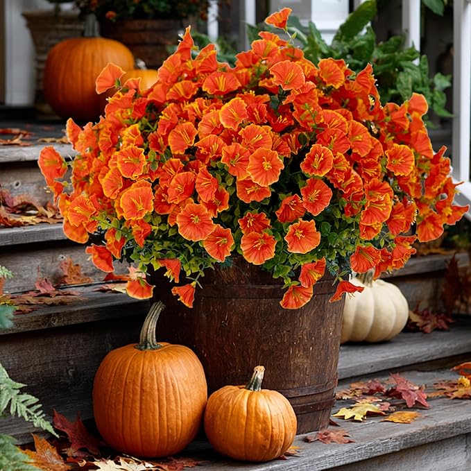 AXYLEX Artificial Fall Flowers Outdoor Fake Mums - 16 Bundles Fake Plants UV Resistant No Fade Faux Plastic Greenery Garden Morning Glory Home Decor (1, Orange)