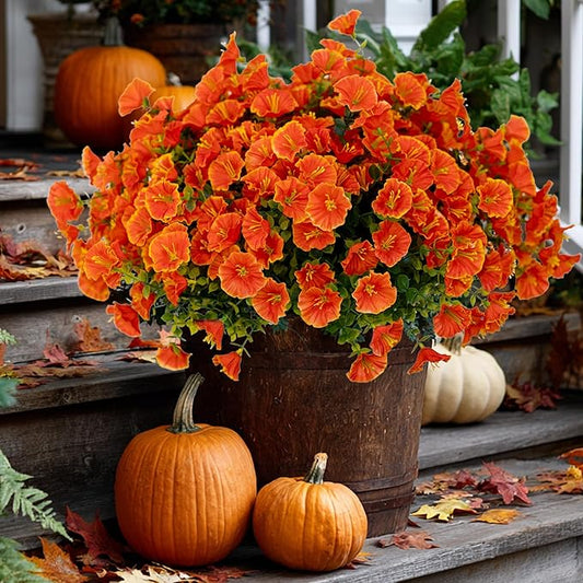 AXYLEX Artificial Fall Flowers Outdoor Fake Mums - 16 Bundles Fake Plants UV Resistant No Fade Faux Plastic Greenery Garden Morning Glory Home Decor (1, Orange)