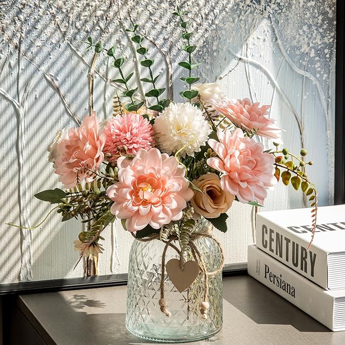 2 Pack Set Fake Flowers with Vase,Faux Flowers in Vase for Home Decor,Silk Pink Dahlia Artificial Flowers with Vase for Coffee Table Decor,Living Room Bathroom Plant Décor