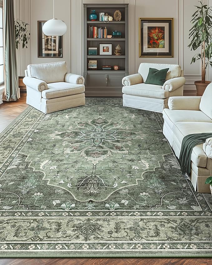 RELEANY Area Rugs 10'x14' Washable Non-Slip, Floral Vintage Distress Print Pattern Medallion Carpet for Living Room Bedroom Dining Room, Dark Green Gray
