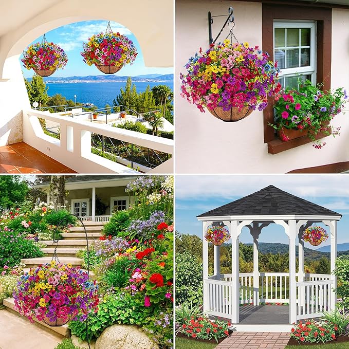 Ouddy Decor Artificial Hanging Flowers with Basket, Fake Hanging Plants with Faux Silk Flowers UV Resistant for Outdoors Indoors Spring Summer Porch Patio Balcony Yard Home Decorations, Multicolor