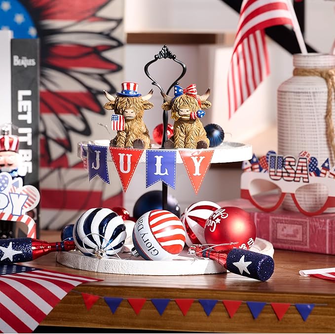 Valery Madelyn 4th of July Highland Cow Decorations, Memorial Day Decoration for Home Decor, Medium 2Pcs Patriotic High Mountain Yak Figurines USA 250th Anniversary Decorations, Independence Day
