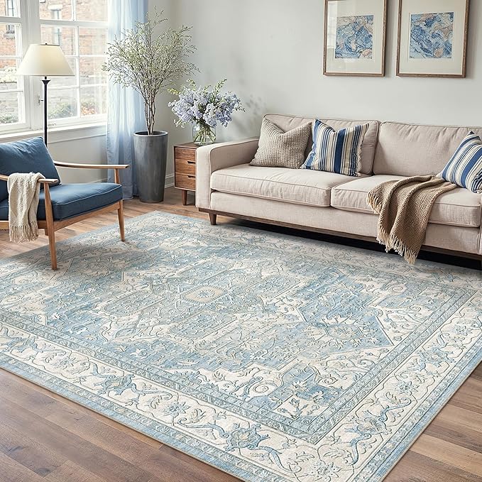 5x7 Washable Vintage Area Rug Blue Oriental Living Room Bedroom Throw Rug Neutral Non Slip Soft Low Pile Carpet for Dining Room Office Nursery Indoor
