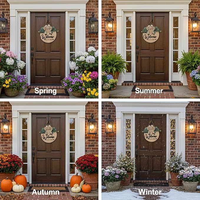 Condorpasea 3D Welcome Sign for Front Door | Home/Farmhouse Porch Décor Wooden Hanging Sign with Artificial Leaves and Rustic Beads | Christmas Classroom |12" Round