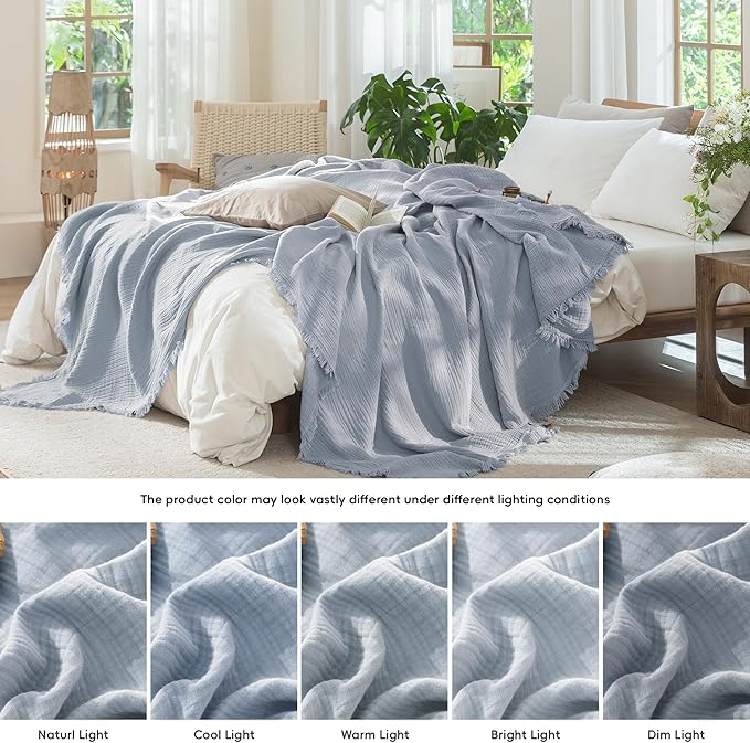MooMee Muslin Blanket - 100% Cotton 4-Layer Gauze Throw Blanket with All-Around Fringe, Soft Breathable Lightweight Cooling Summer Blankets for Bed Couch(Dusty Blue,Oversize Queen 98" x 98")