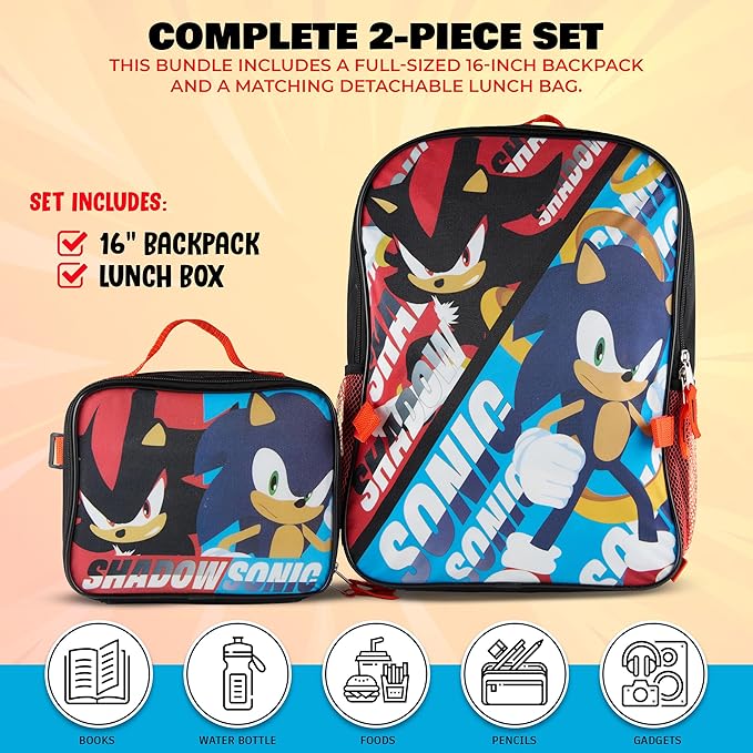 AI ACCESSORY INNOVATIONS Sonic The Hedgehog & Shadow 2 Piece Backpack Set, Boys & Girls 16" School Bag, Black