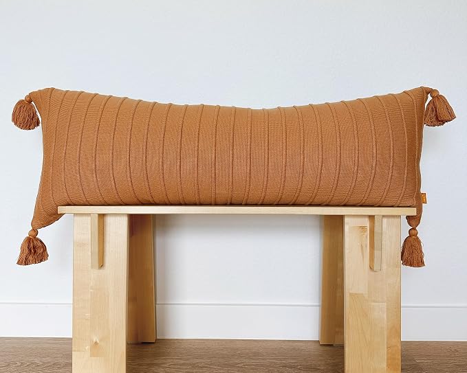 14x36 Cotton Knit Lumbar Pillow Cover – Ribbed Texture with Tassels, Decorative Accent for Bed or Sofa (Burnt Orange)