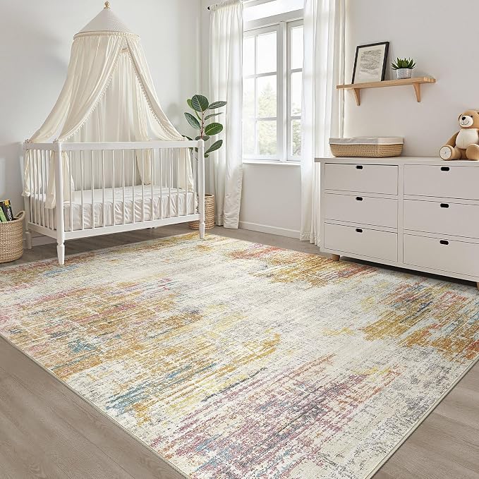 8x10 Area Rugs Living Room: Washable Large Neutral Rug Abstract Soft Modern Stain Resistant Indoor Floor Non-Slip Carpet for Bedroom Nursery Kids Classroom Playroom Dining Room Office- Gold Colorful