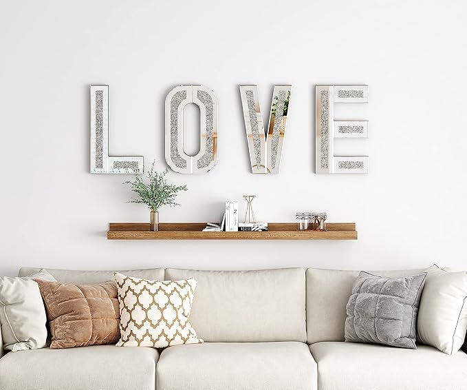 SHYFOY Mirrored Love Letters, 20" Crushed Diamond Wall Decor Large Size Crystal Mirror Set Sparkling Silver Home Decor Love Sign for Wedding Centerpiece Party Gift