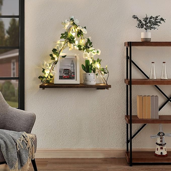 Forest Angle Shelf for Wall,Floating Shelves,Floating Shelves for Wall No Drilling,Adhesive Shelves,Command Strip Shelf,Room Decor Aesthetic,Plant Shelf Wall,Whimsical Decor,2-Piece Set(White Flower)