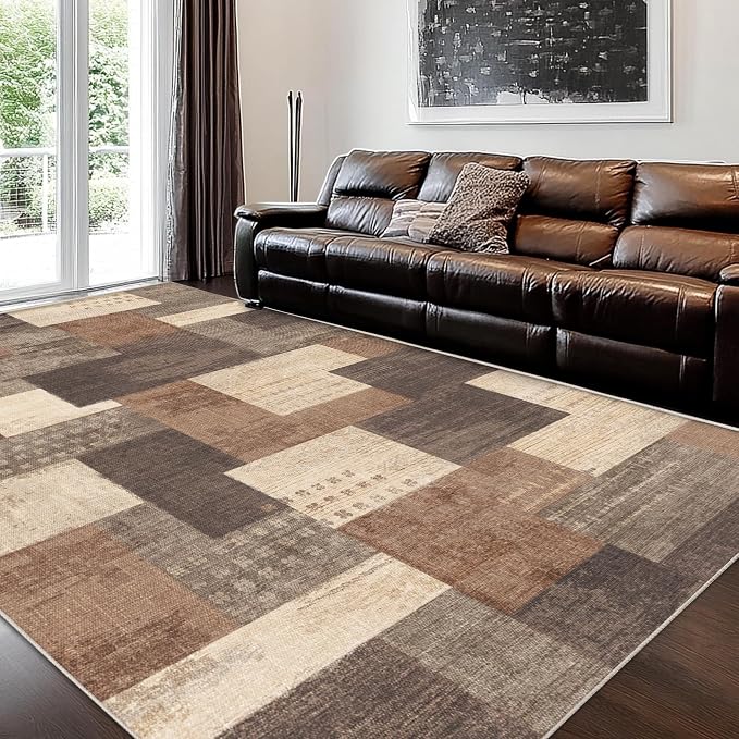 Modern Geometric Patchwork Indoor Area Rug for Living Room, Beige 10'x 14' Large Rug Rockwood Collection Hardwood Floors Decor for Bedroom, Beige Throw Carpet for Office Entryway Dining Room
