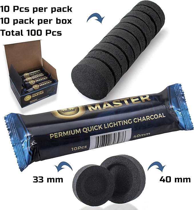 Quick Light Charcoal Tablets for Incense – 33mm Capsules – Charcoal Disk Lights – Instant Fire Coal Tablets – Set of 100 Charcoal Disks per Box