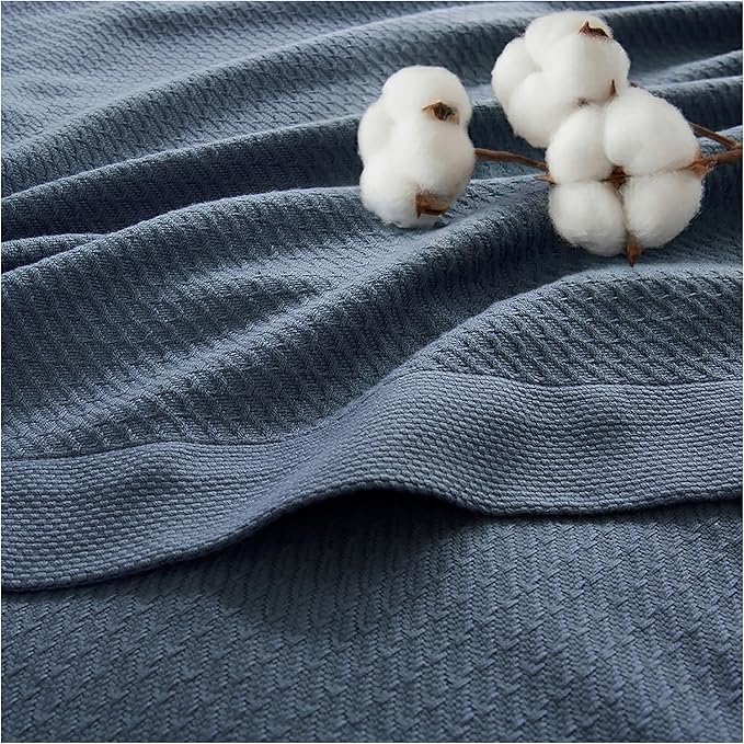 Madison Park 100% Egyptian Cotton Lightweight Summer Blanket, Breathable Waffle Knit Design, Soft Cozy All-Season Throw for Bed, Couch or Sofa, Navy Blue Twin Size (66"x90")