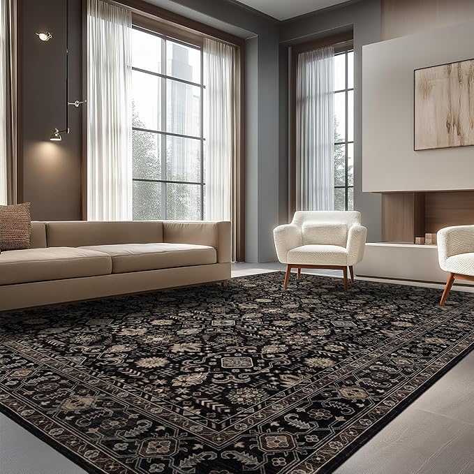 Ruaruarug Washable Area Rug 9x12 for Living Room, Bedroom, Ultra Soft Non Slip Stain & Fade Resistant, Pet & Kids Friendly, Suitable for High Traffic Areas Easy to Clean for Office Kitchen, Black Gold