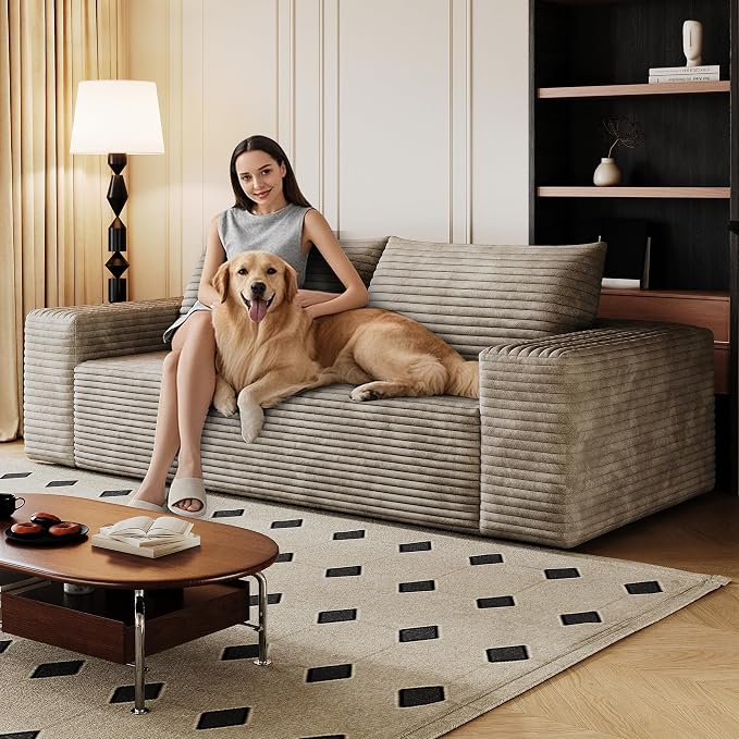 JINGLING 63" Small Couches for Small Spaces, Comfy Boneless Couch in a Box, Love Seat Compressed Sofa for Living Room Bedroom, Apartment Furniture, No Assembly, Corduroy, Camel
