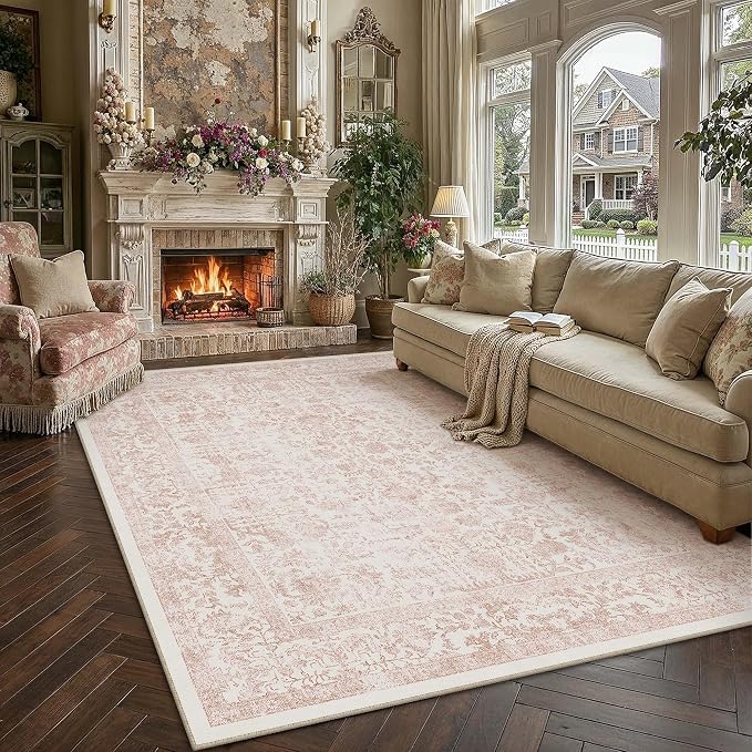 PureCozy Pink Area Rug 8x10 Machine Washable Large Vintage Living Room Distressed Non Slip Carpet Traditional Indoor Bedroom Retro Floral Accent Throw Rug for Office Kitchen Dining Room