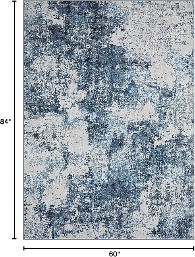 Area Rug Living Room Rugs: 5x7 Washable Rug with Anti-Slip Backing Non-Shedding Stain-Resistant Foldable Modern Abstract Carpet for Bedroom Dining Room Nursery Home Office (Blue)