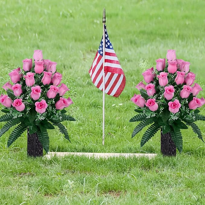 LVXINLI 2 Sets Artificial Cemetery Flowers,Outdoor Grave Decorations Roses,Beautiful Arrangements Bouquet with Cemetery Vase,Lasting and Non-Bleed Colors (Light Pink)