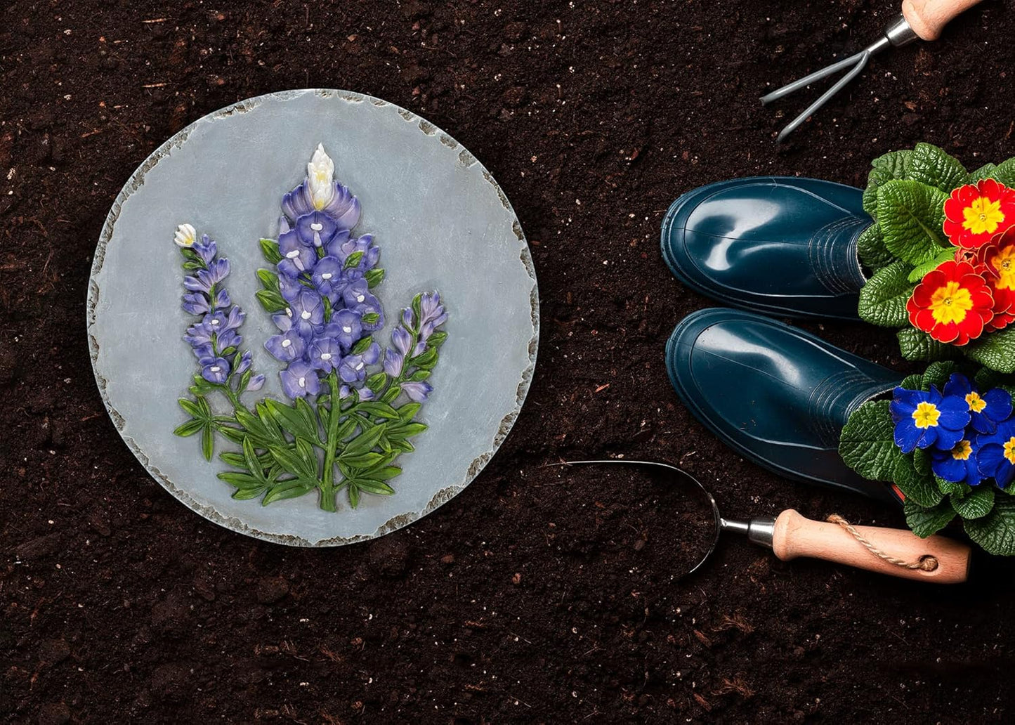 NAT & Jules Floral Colorful Dimensional Indoor Outdoor 12 inch Round Cast Resin Decorative Garden Stepping Stone, Patio, Walkway Sculpture Yard Art, Bluebonnet