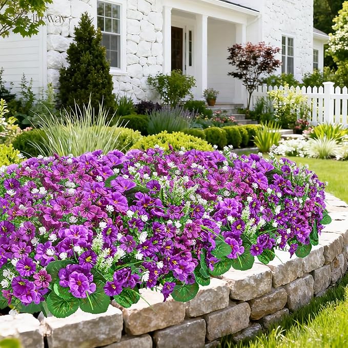16 Bundles Artificial Flowers for Outdoors, UV Resistant Silk Faux Flowers for Outside Planters,Garden,Porch,Patio,Yard,Home Decor(Purple)