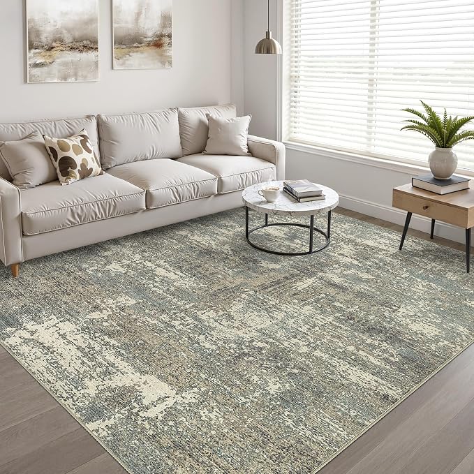 8x10 Area Rugs Living Room: Washable Large Neutral Rug Abstract Soft Modern Stain Resistant Indoor Floor Non-Slip Carpet for Bedroom Nursery Kids Office Playroom Dining Room- Green Brown
