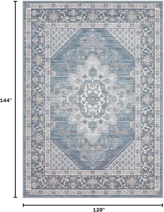 Tortania Area Rug Living Room Rugs - 10x12 Washable Boho Rug Vintage Oriental Distressed Farmhouse Large Thin Indoor Carpet for Living Room Bedroom Under Dining Table Home Office - Blue