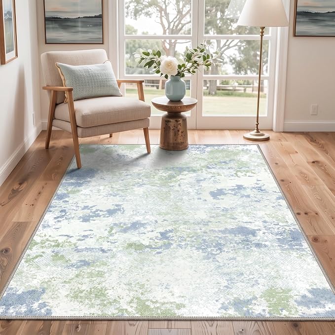 BEIMO Round Rugs 5FT for Living Room Bedroom, Modern Abstract Machine Washable Rug, Large Soft Low Pile Indoor Floor Carpet with Non Slip Backing for Dining Room, Blue Green Ivory