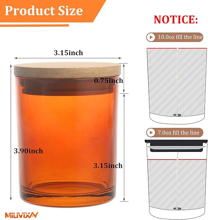 MILIVIXAY 12 Pack 10 OZ Amber Thick Glass Candle Jars with Lids - Bulk Empty Candle Jar for Making Candles - Spice, Powder Containers.