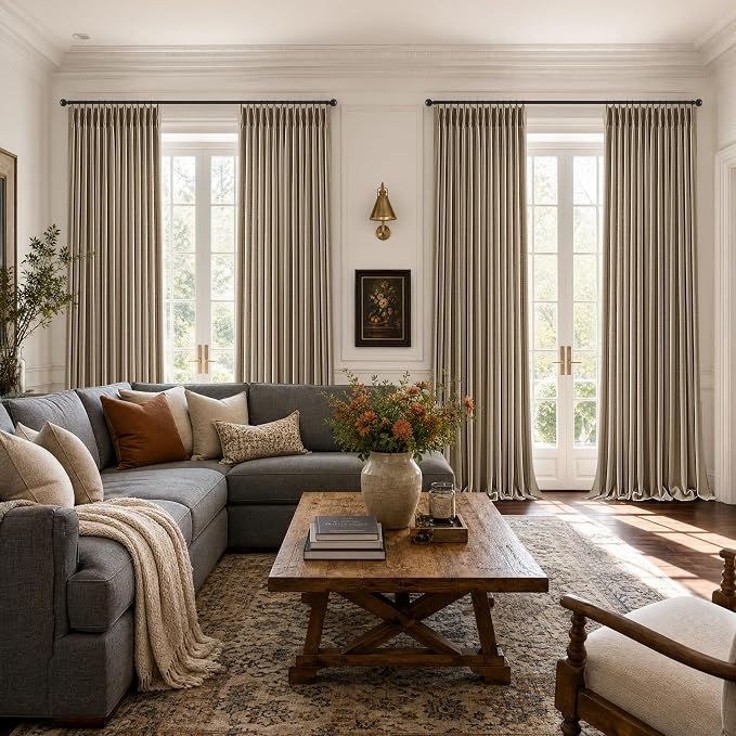 Vintage 92 Inches Pinch Pleated Curtains 2 Panels Set Memory Training Back Tab Thick Linen Curtains with Hooks Rings Dark Flax Brown Light Filtering Pinch Pleat Drapes for Living Room Bedroom 40x92