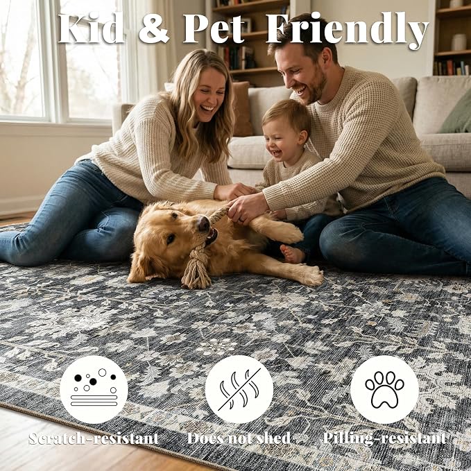 Washable Rugs for Living Room: 8x10 Area Rugs for Bedroom Ultra Soft Non-Slip Stain Resistant Vintage Boho Large Carpet for High-Traffic Dining Room - Farmhouse Decor