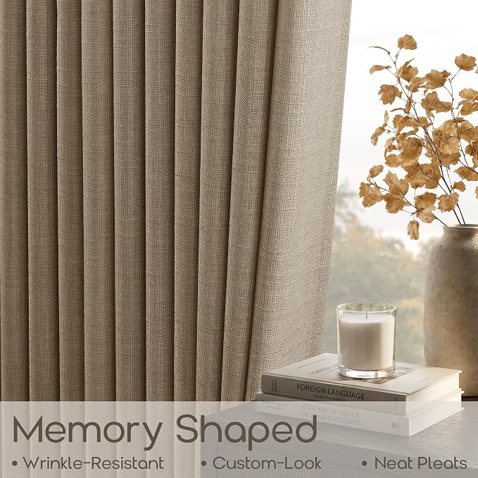 Brown Thick Linen Curtains 108 Inches Long Pinch Pleat Back Tab Semi Sheer Light Filter Curtains with Rings Hooks Memory Training Neutral Bohemian Textured Drapes for Living Room Bedroom 2 Panels