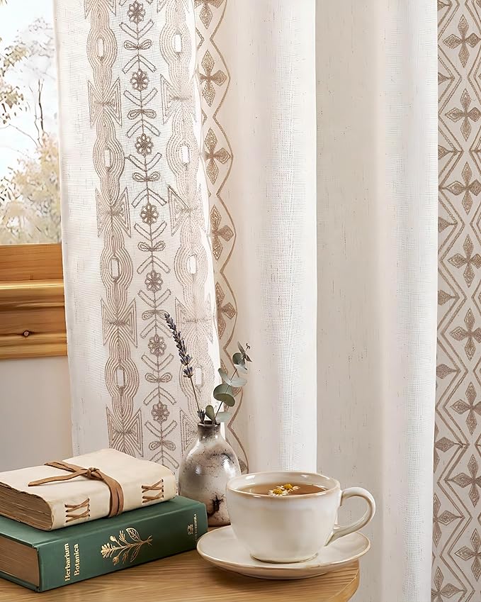 NICETOWN Farmhouse Floral Curtains Light Sand Embroidery Trim 96" Long - Beautiful Linen Texture Drapes for Sun Room, Grommet Farmhouse Style Light Filtering Privacy Protection, W52 x L96, 2 Pcs