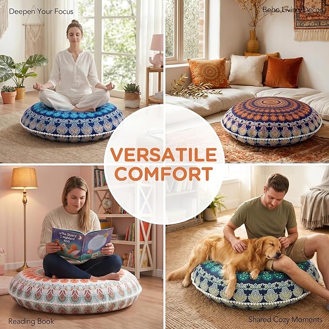 Codi Meditation Floor Pillows, Round Large Pillow Seating for Adults, Bohemian Mandala Circle Floor Cushion for Outdoor Fireplace Yoga Living Room, 32 Inch, Yellow Memory Foam Added