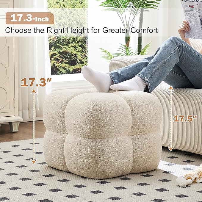 Zesthouse Square Pouf Ottoman, Modern Vanity Chair Backless for Bedroom, Beige Linen Stool Seat Foot Rest, Upholstered Poofy Footstool for Couch, Fabric Ottoman Coffee Table for Living Room
