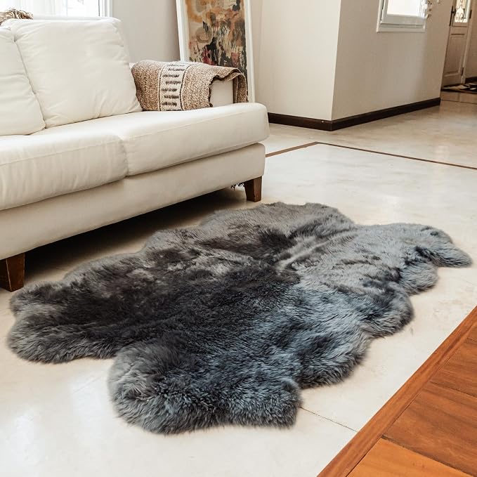 Premium 100% Genuine Sheepskin Area Rug 4x6 ft – Quad Soft & Fluffy Lambskin Rug Living Room – Made in Argentina (Grey)