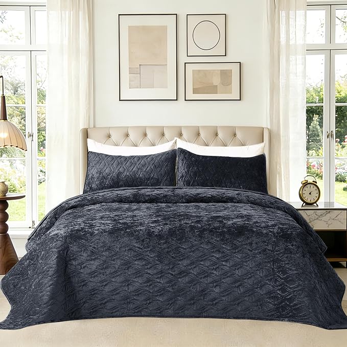Velvet Quilt Set King Size 98x106 Quilted Bedspread with 2 Pillow Shams Ultra Soft Polyester Bedding All Season for Bedroom Guest Room Hotel Retro Pastoral Home Decor,Blue Gray