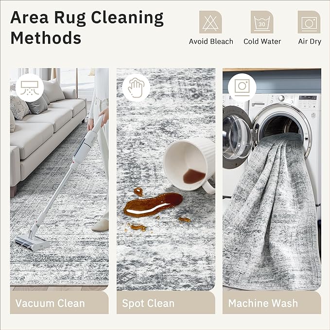Soalmost 5x5 Grey Round Rug 5ft Living Room Circle Rug Vintage Gray Round Area Rug Non Slip Indoor Carpet for Entryway Dining Room Bedroom