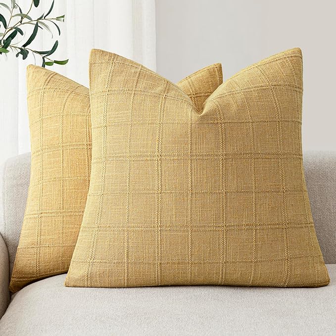Foindtower Set of 2 Decorative Linen Check Throw Pillow Covers Neutral Farmhouse Vintage Cushion Covers Modern Boho Accent Home Decor for Sofa Chair Couch Bedroom Living Room,24×24 Inch,Amber Gold