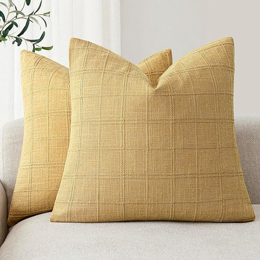 Foindtower Set of 2 Decorative Linen Check Throw Pillow Covers Neutral Farmhouse Vintage Cushion Covers Modern Boho Accent Home Decor for Sofa Chair Couch Bedroom Living Room,20×20 Inch,Amber Gold