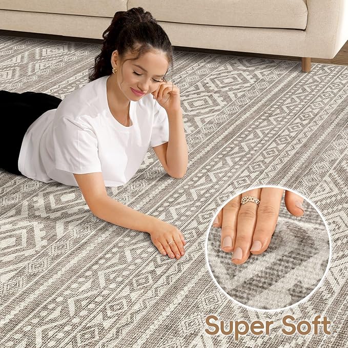 cotiled 10x13 Area Rug Living Room: Washable Boho Rugs with Non Slip Backing Large Soft Indoor Stain Resistant Carpet for Bedroom Farmhouse Dining Room Lightweight Home Decor Coffee Brown